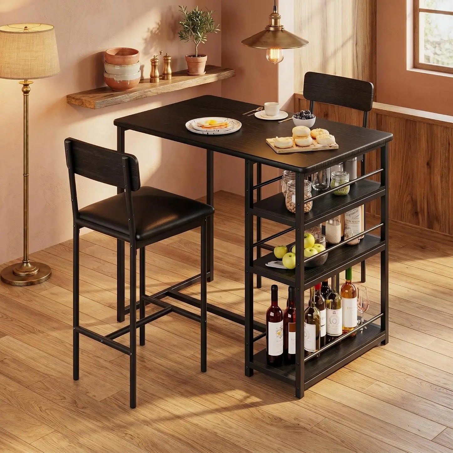Bartisch Set 3-teilig mit Stauraum Schwarz – Esstisch mit 2 Polster-Barhockern & Verstau-Regal