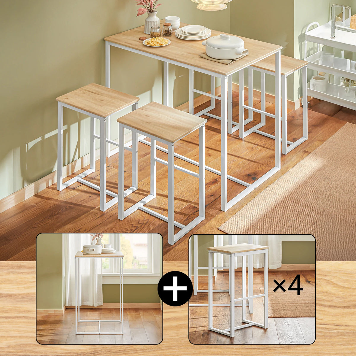 Bartisch Set 5-teilig mit 4 Hocker Weiß-Natur – Moderne Essgruppe für Küche & Balkon