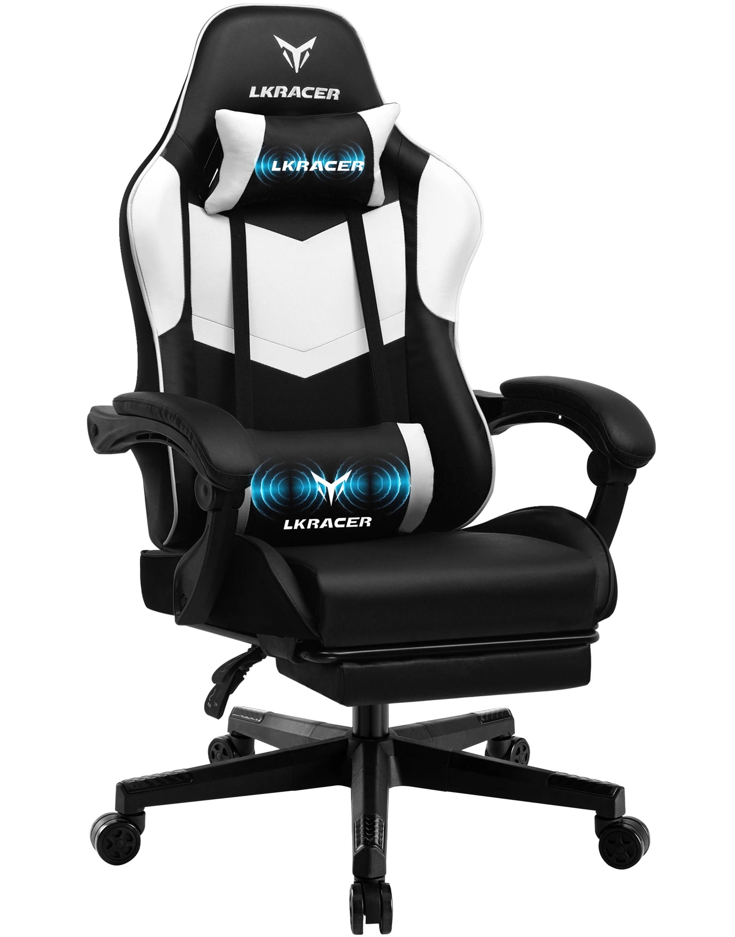 Gaming Stuhl Schwarz-Blau – Ergonomischer Gamer Stuhl mit Fussstütze, Lendenkissen & Metallgestell bis 150kg