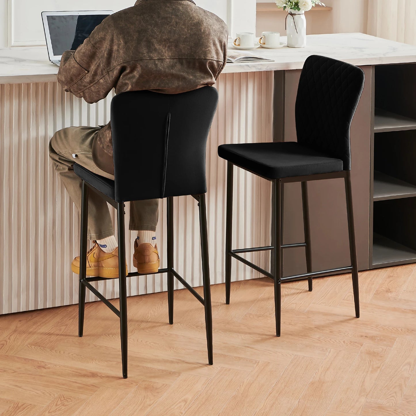 Barhocker 2er Set Kunstleder Schwarz – Drehbarer Tresenstuhl mit Höhenverstellung & Rückenlehne