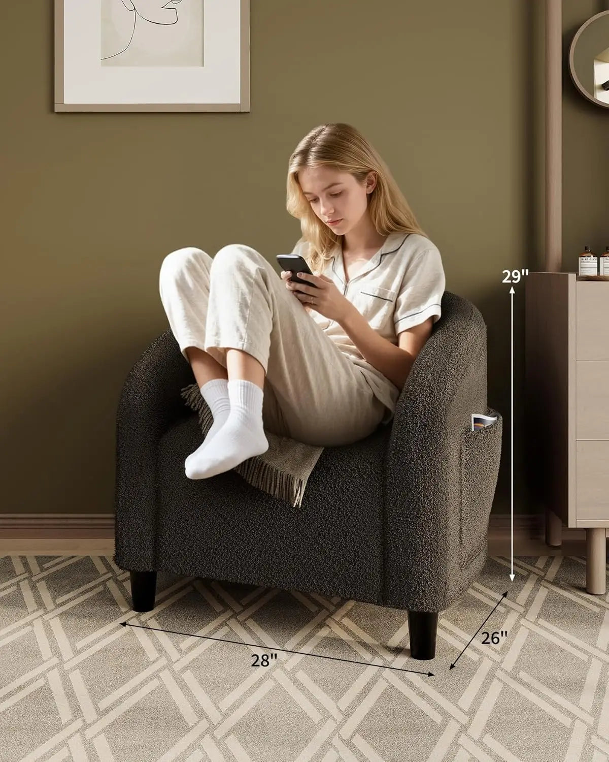 Sessel Grau – Moderner Samt Polstersessel in Rundform mit Armlehnen & Weicher Polsterung fuer Wohnzimmer