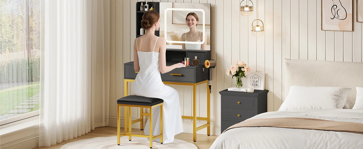 Schminktisch mit LED Beleuchtung Schwarz Gold – Moderner Frisiertisch mit Steckdosen & Spiegel