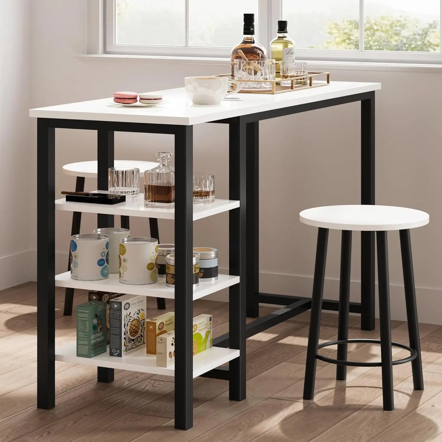 Bartisch Set 3-teilig mit 2 Barhockern – Modernes Stehtisch Set mit Regalfächern für Küche & Esstisch
