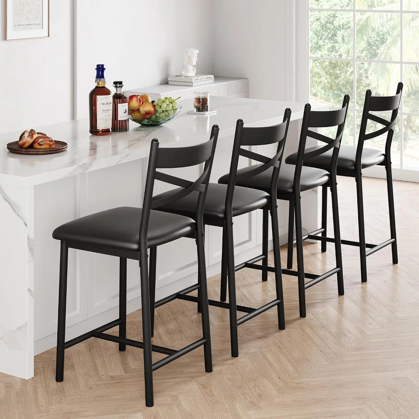 Kunstleder Barhocker 2er Set Schwarz – Moderne Tresenstühle 56cm mit Metallgestell