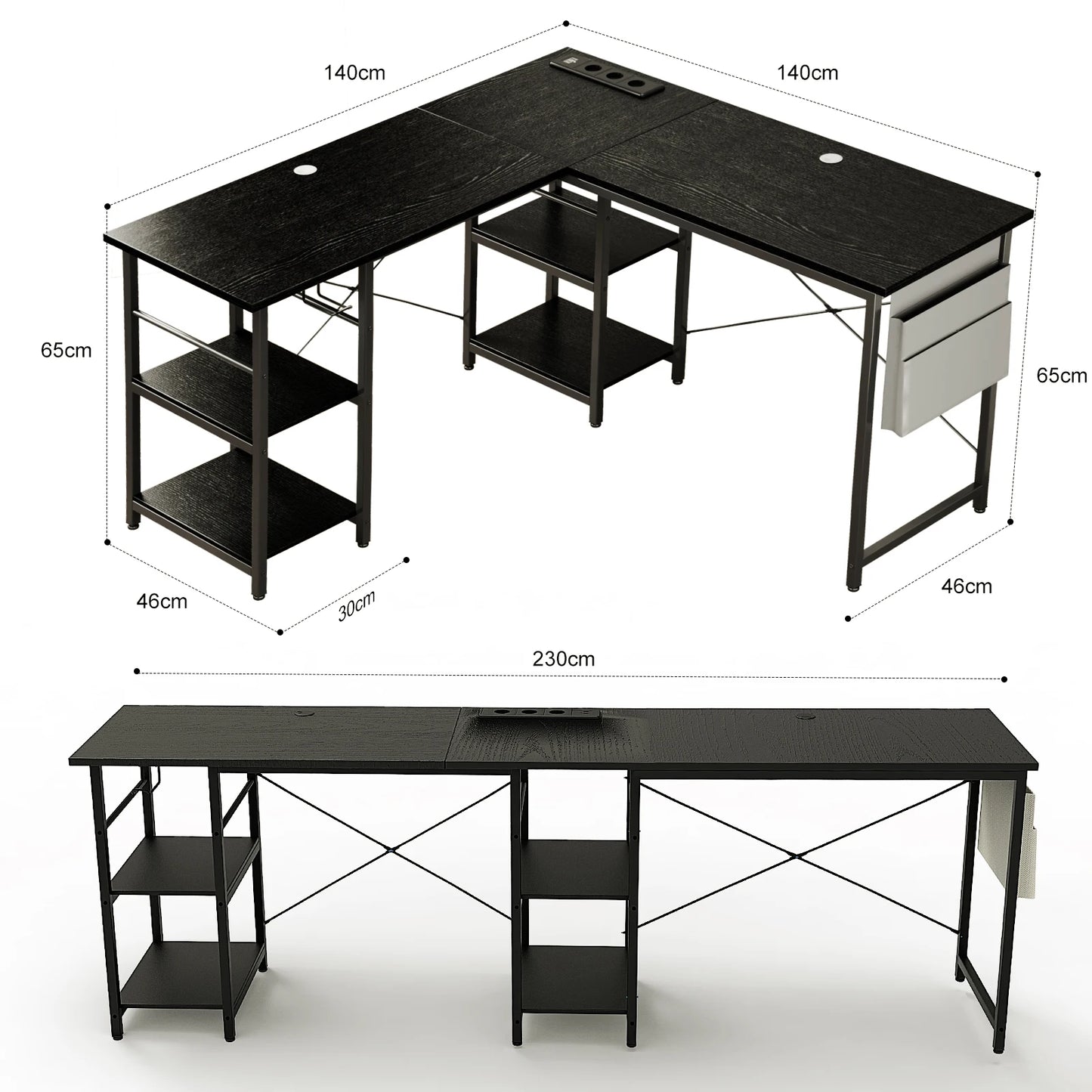 L-förmiger Eckschreibtisch 140 cm Vintage Braun – Höhenverstellbarer Computertisch mit Steckdosen & Regalen