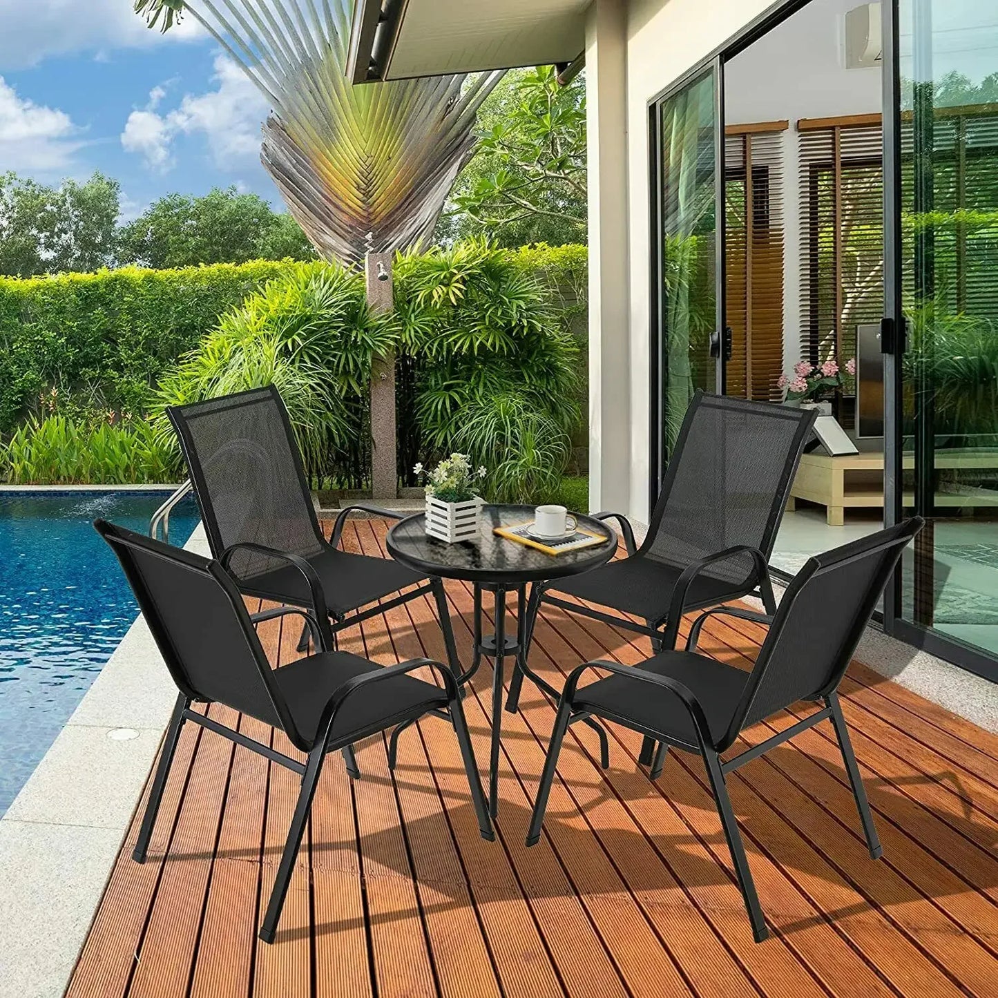 Gartenstuehle 4er Set Schwarz – Moderne Stapelstuehle aus Metall & Teslin fuer Balkon, Terrasse & Garten bis 150kg