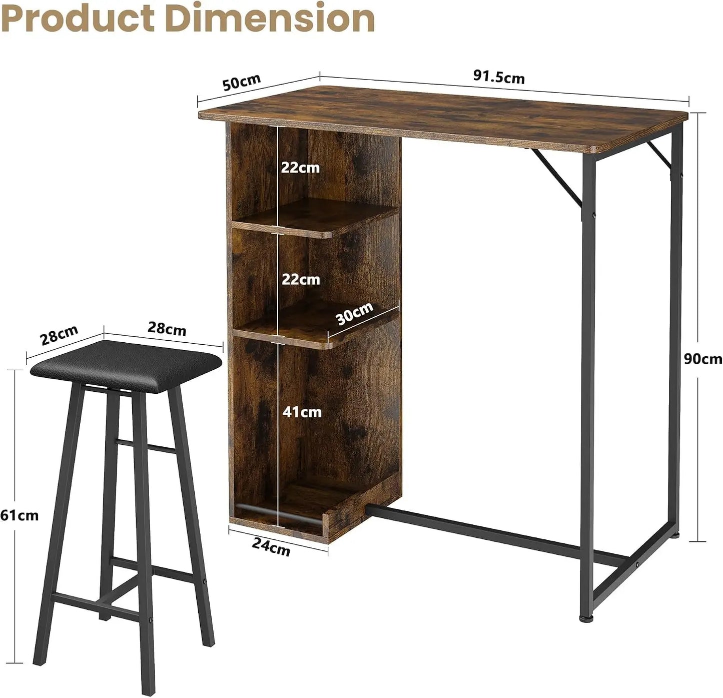 Esstisch Garnitur mit 2 Hocker – Stehtisch Set Holz & Metall mit Regal für die Küche