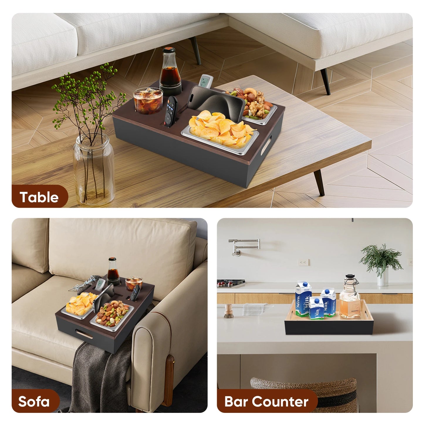 Bambus Sofatablett mit Snackschalen 41 cm – Praktische Sofa-Ablage mit Getränkehalter