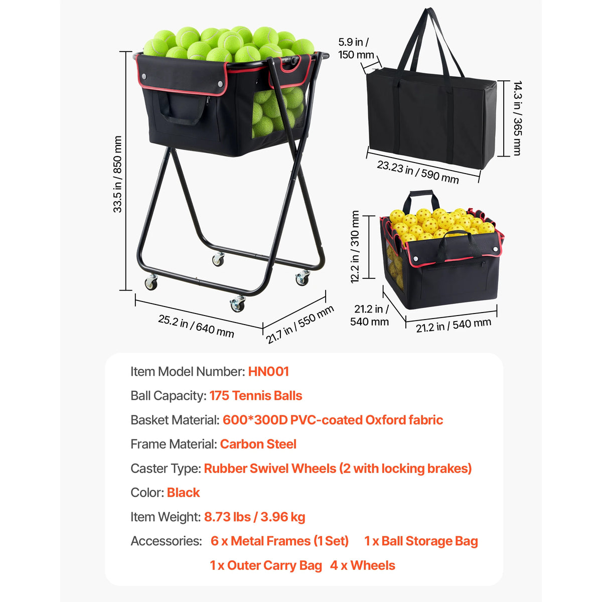 Ballwagen Tennis & Pickleball Klappbar – Ballkorb fuer 175 Baelle mit Rollen & Oxford Netz