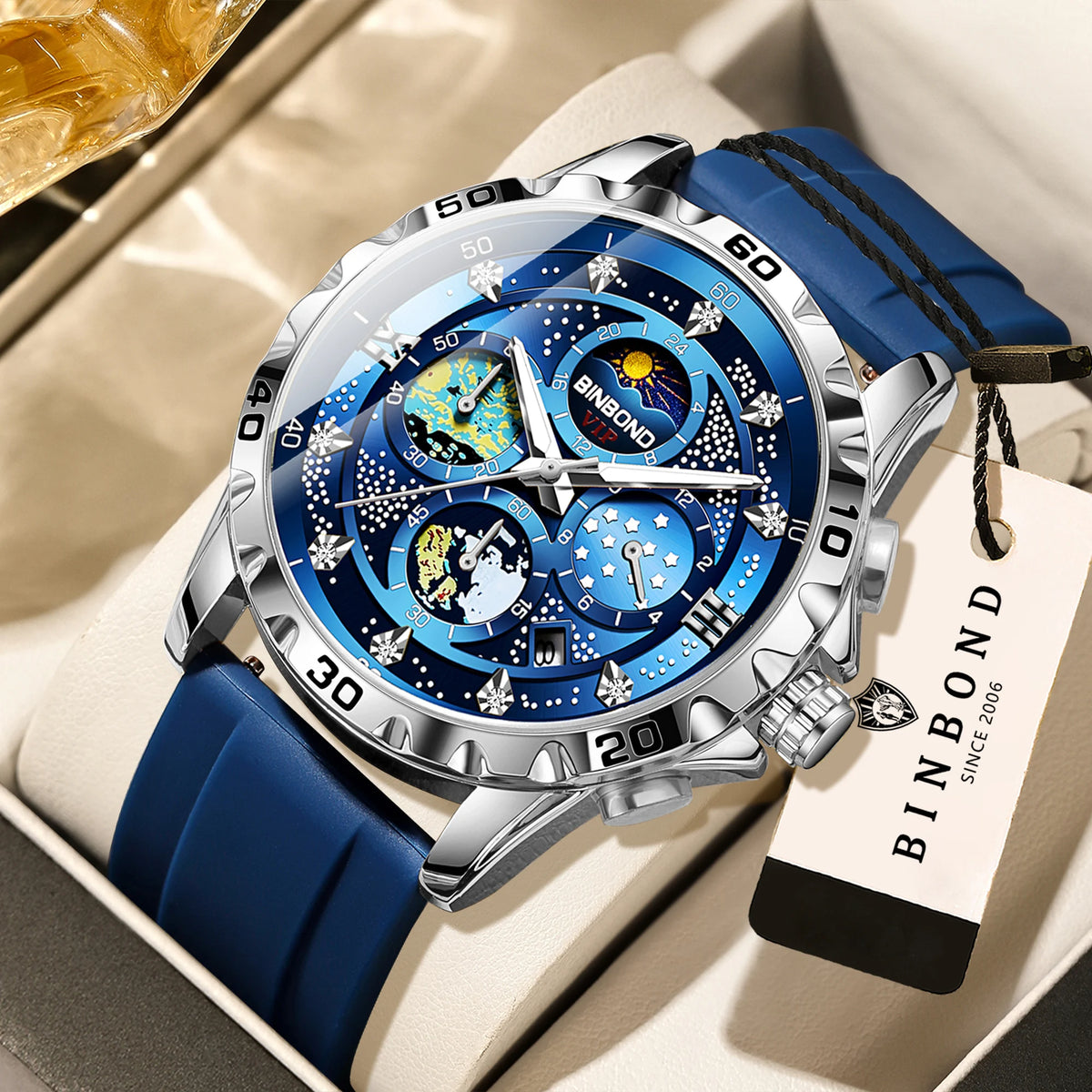 BINBOND Luxus Herrenuhr Blau – Wasserdichte Quarz Armbanduhr mit Chronograph & Datum