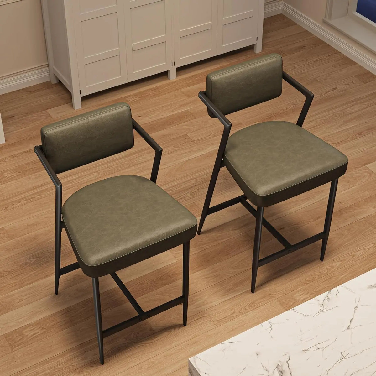Barhocker 2er Set Salbeigrün mit Armlehne & Rückenlehne – Moderne Kunstleder Tresenstühle 68cm