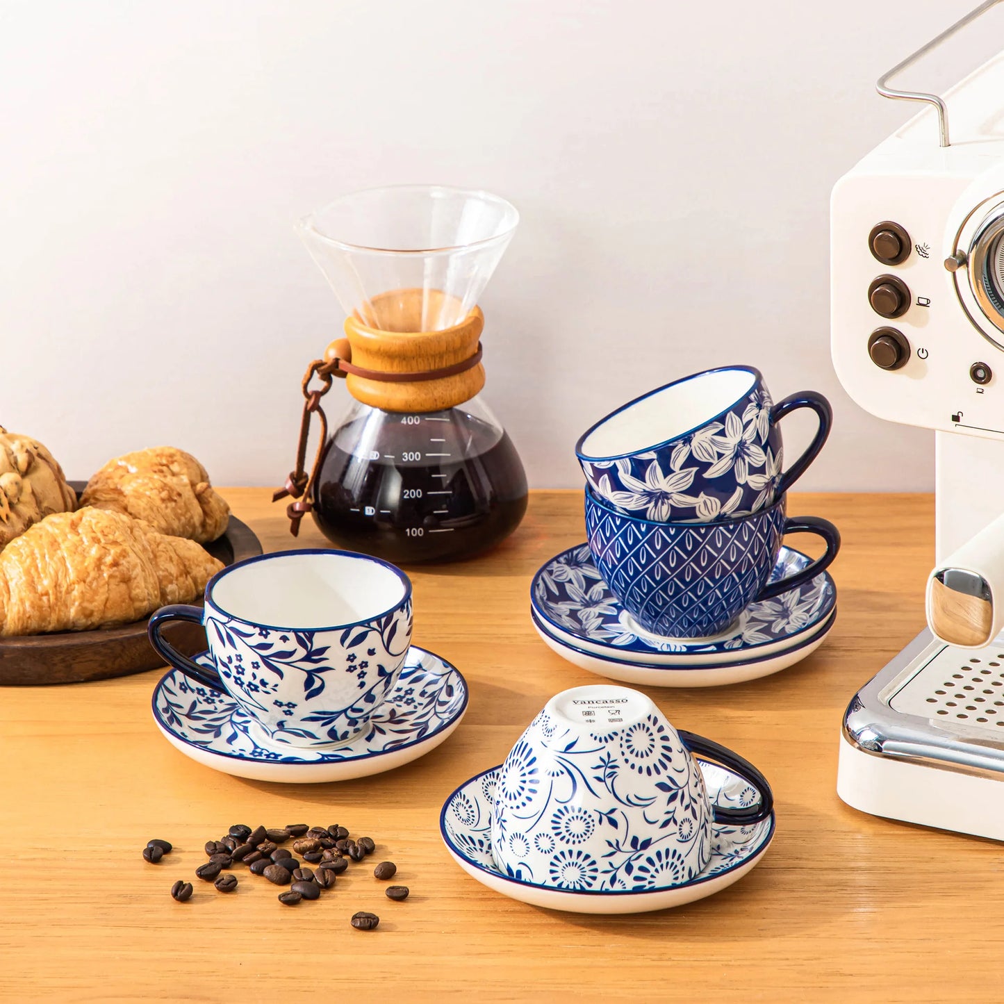 Keramik Tassen Set 4-teilig Blau – Elegante Cappuccinotassen mit Untertassen