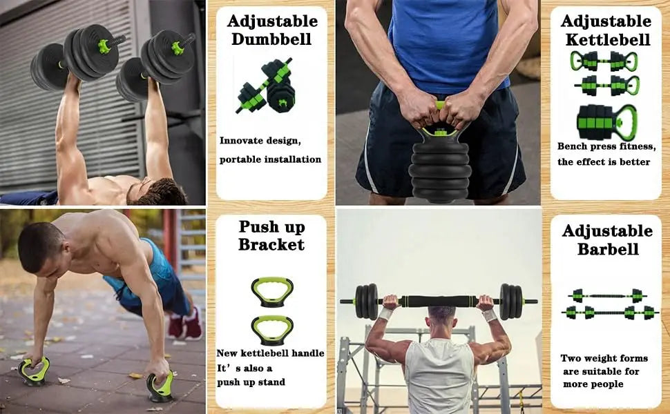 4-in-1 Hantelset Verstellbar – Kurzhantel Kettlebell & Langhantel Set für Homegym
