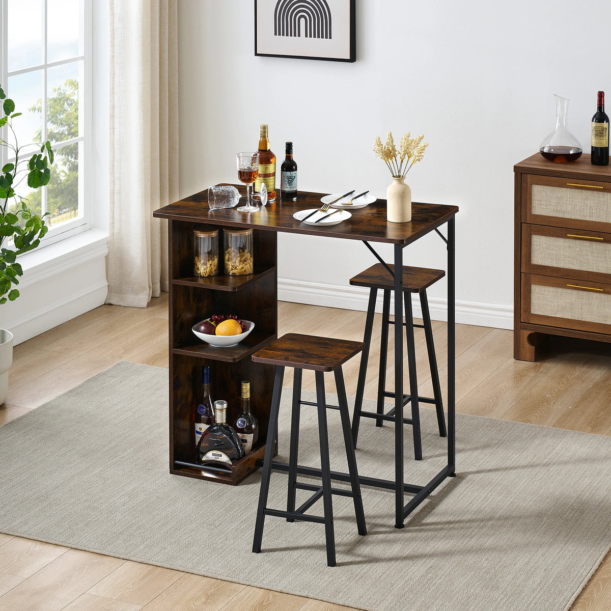 Bartisch Set 3-teilig mit 2 Barhockern Schwarz – Kompakter Stehtisch mit Regalfächern für Küche