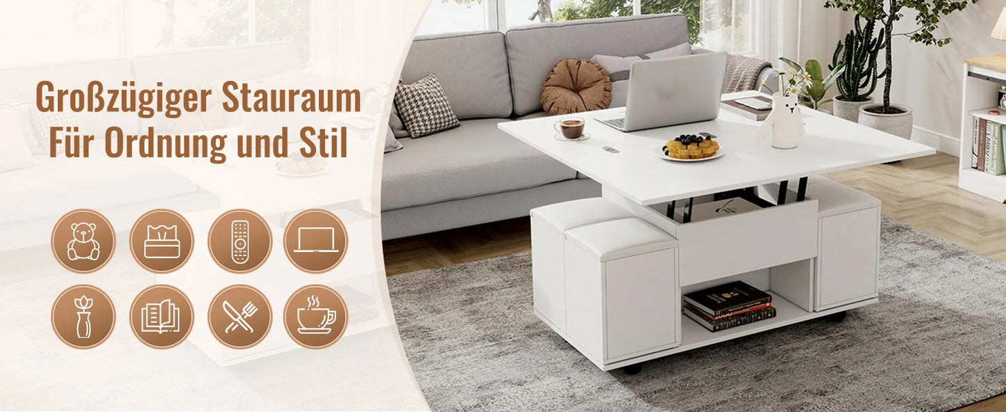 Couchtisch Höhenverstellbar & Ausziehbar – Multifunktionaler Esstisch mit 4 Hockern & Stauraum