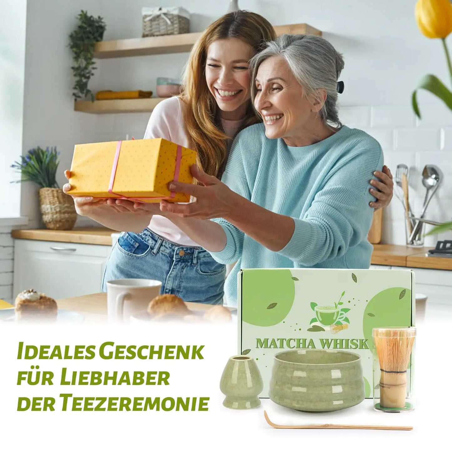 Matcha Set 4-teilig Grün – Traditionelle Matcha Schale mit Bambusbesen & Besenhalter