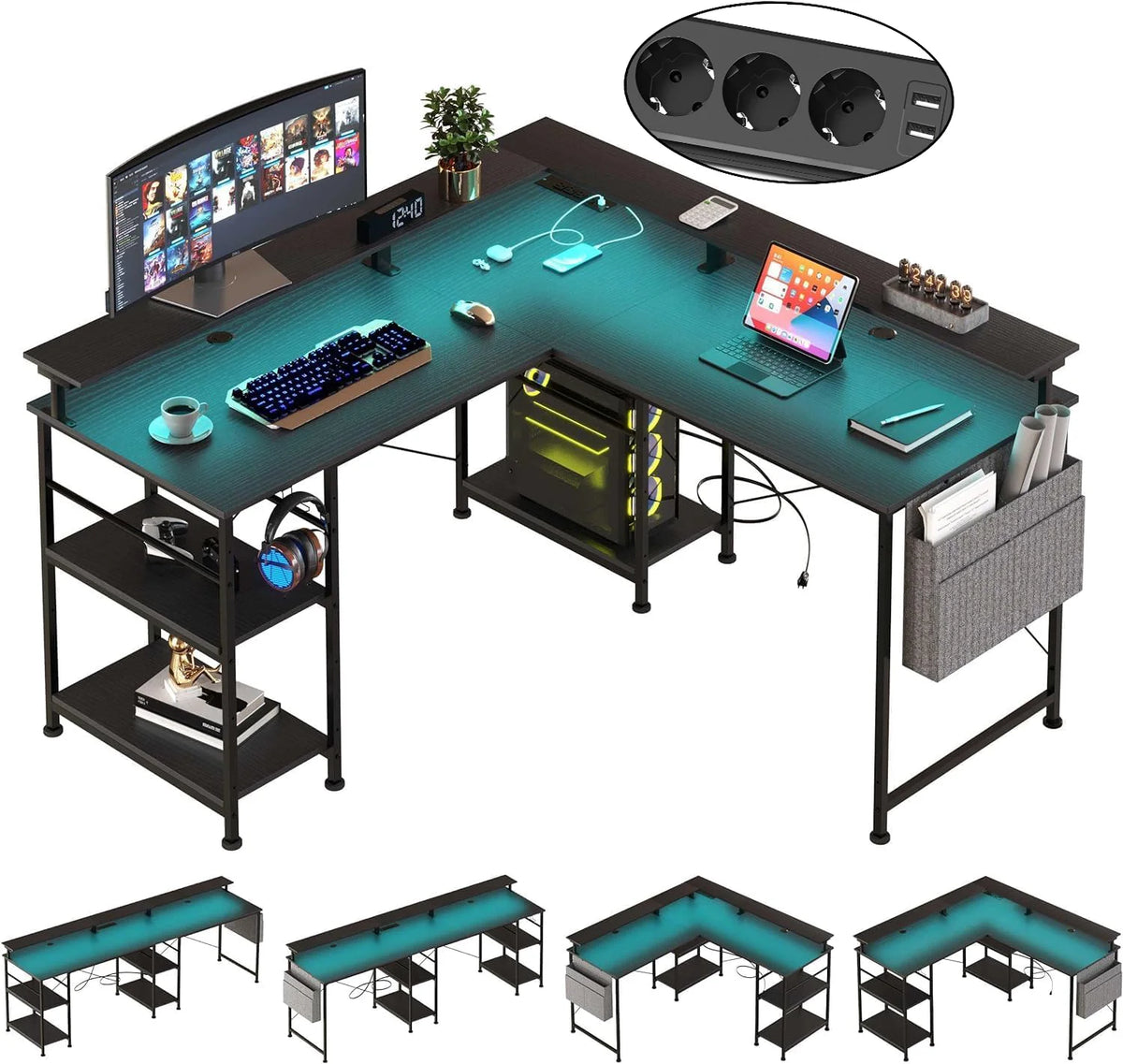 L-förmiger Gaming Schreibtisch LED Schwarz 140 cm – Eckschreibtisch mit Steckdosen & Monitoraufsatz