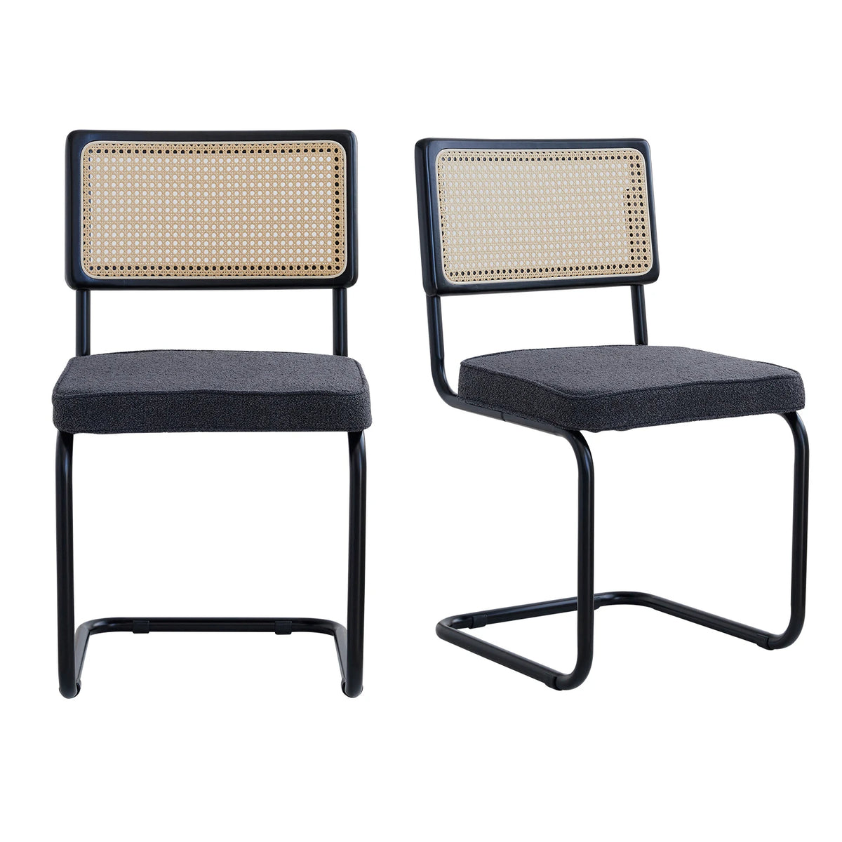 Freischwinger 2er Set Modern – Polsterstuhl Set aus Teddy-Samt & Rattan-Rueckenlehne mit Metallgestell