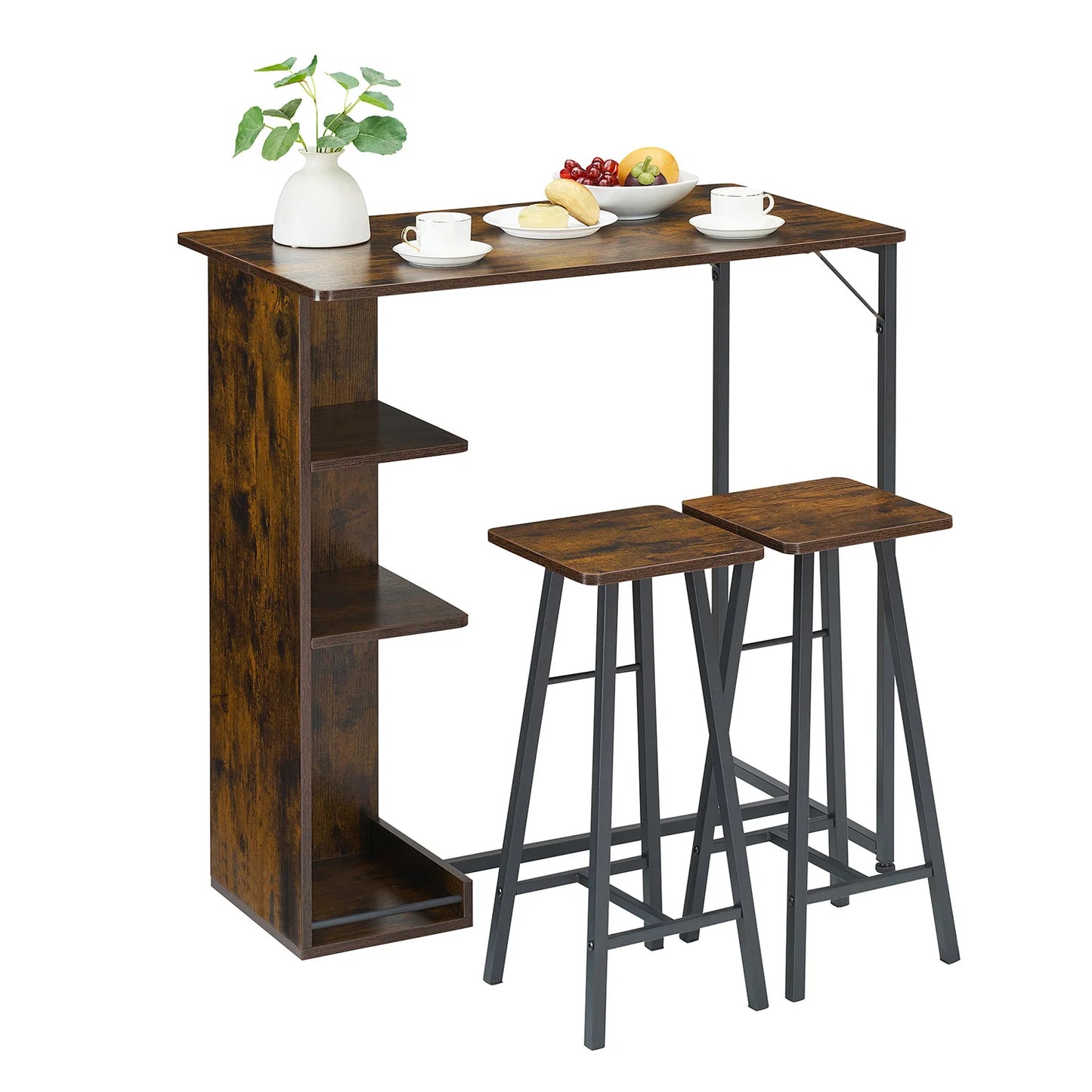 Bartisch Set 3-teilig mit Regal Vintage Braun – Kompakter Stehtisch mit 2 Barhockern für kleine Küche