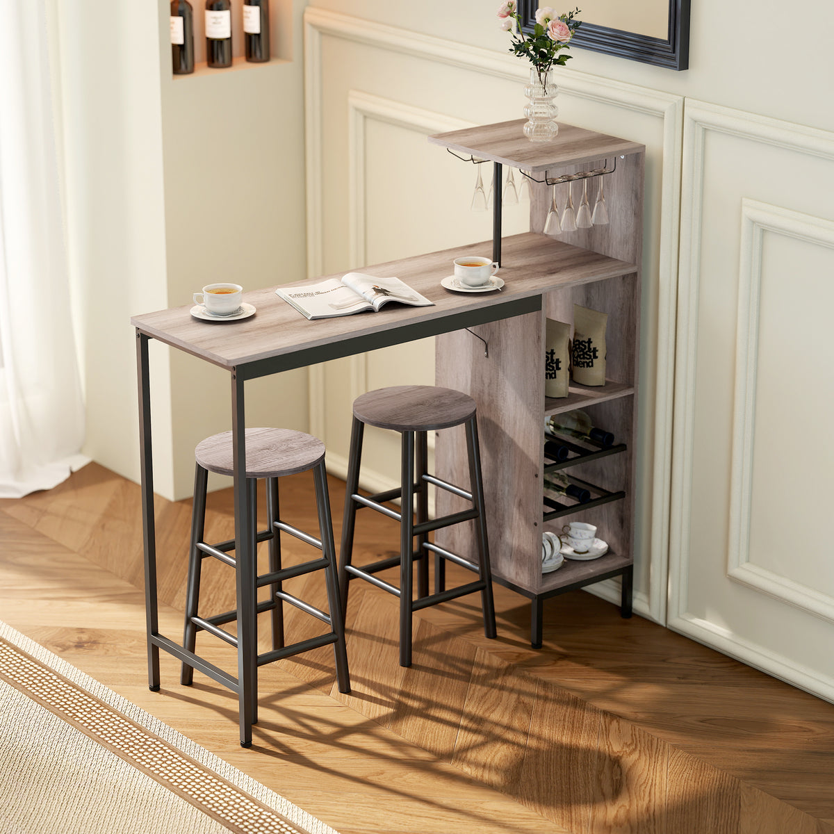 Bartisch Set 3-teilig mit Weinregal Graue Holzoptik – Stehtisch mit 2 Barhockern für kleine Räume