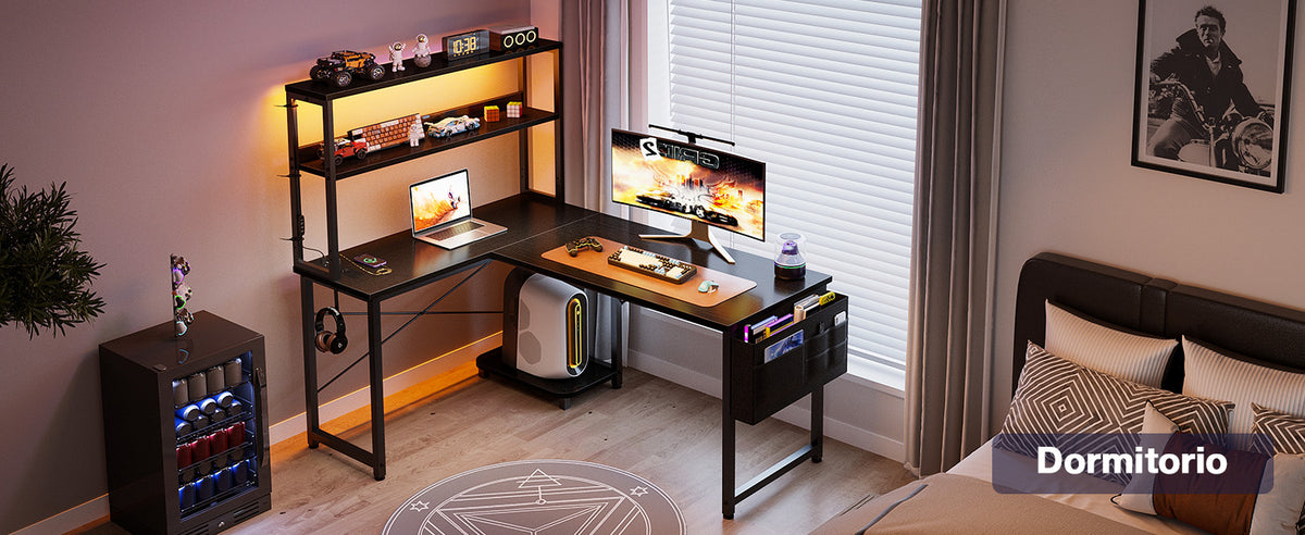 L-förmiger Gaming Schreibtisch LED Schwarz 135 cm – Eckschreibtisch mit Monitoraufsatz & Steckdosen