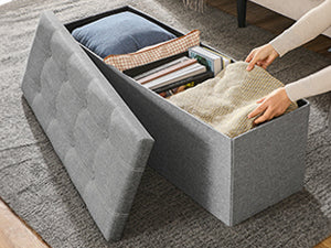 Sitzbank Klappbar mit Stauraum 110cm – Gepolsterte Truhenbank aus Leinen-Imitat bis 300kg