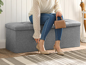 Sitzbank Klappbar mit Stauraum 110cm – Gepolsterte Truhenbank aus Leinen-Imitat bis 300kg