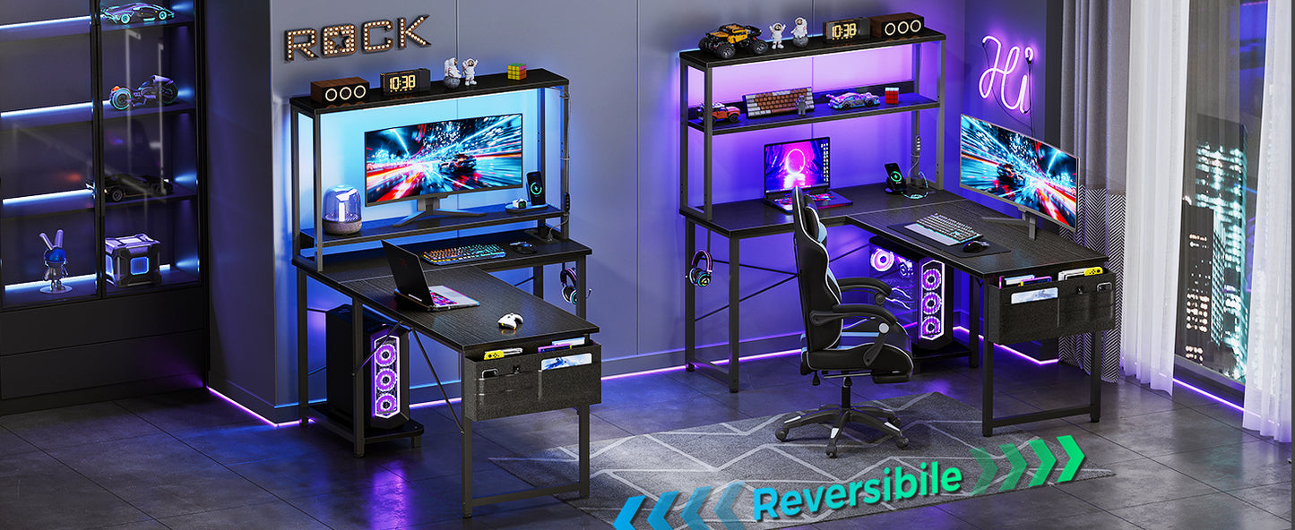 L-förmiger Gaming Schreibtisch LED Schwarz 135 cm – Eckschreibtisch mit Monitoraufsatz & Steckdosen