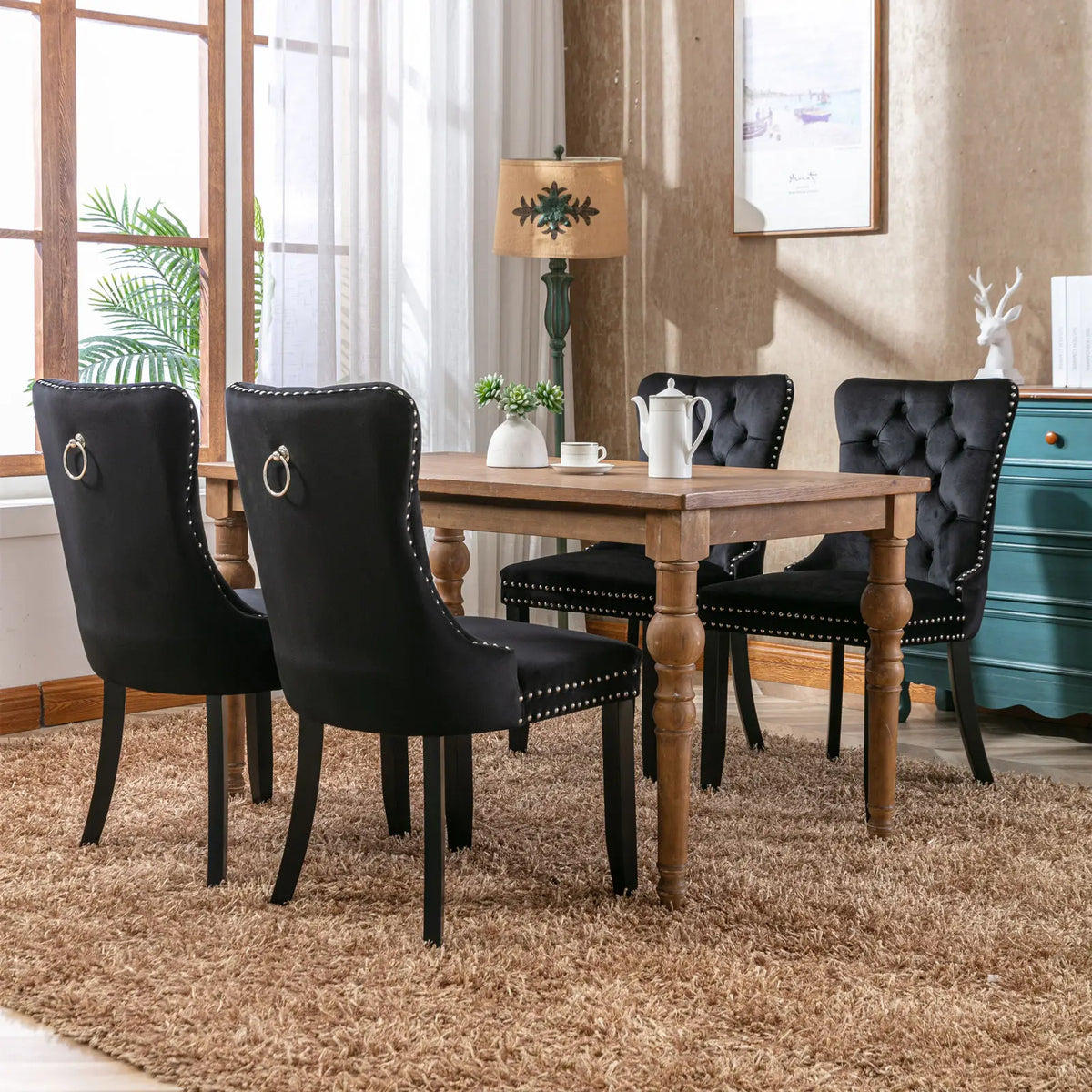 Esszimmerstuhl 2er Set Beige – Modernes Samt Polsterstuhl Set mit Nietenverzierung, Knopfung & Holzbeinen