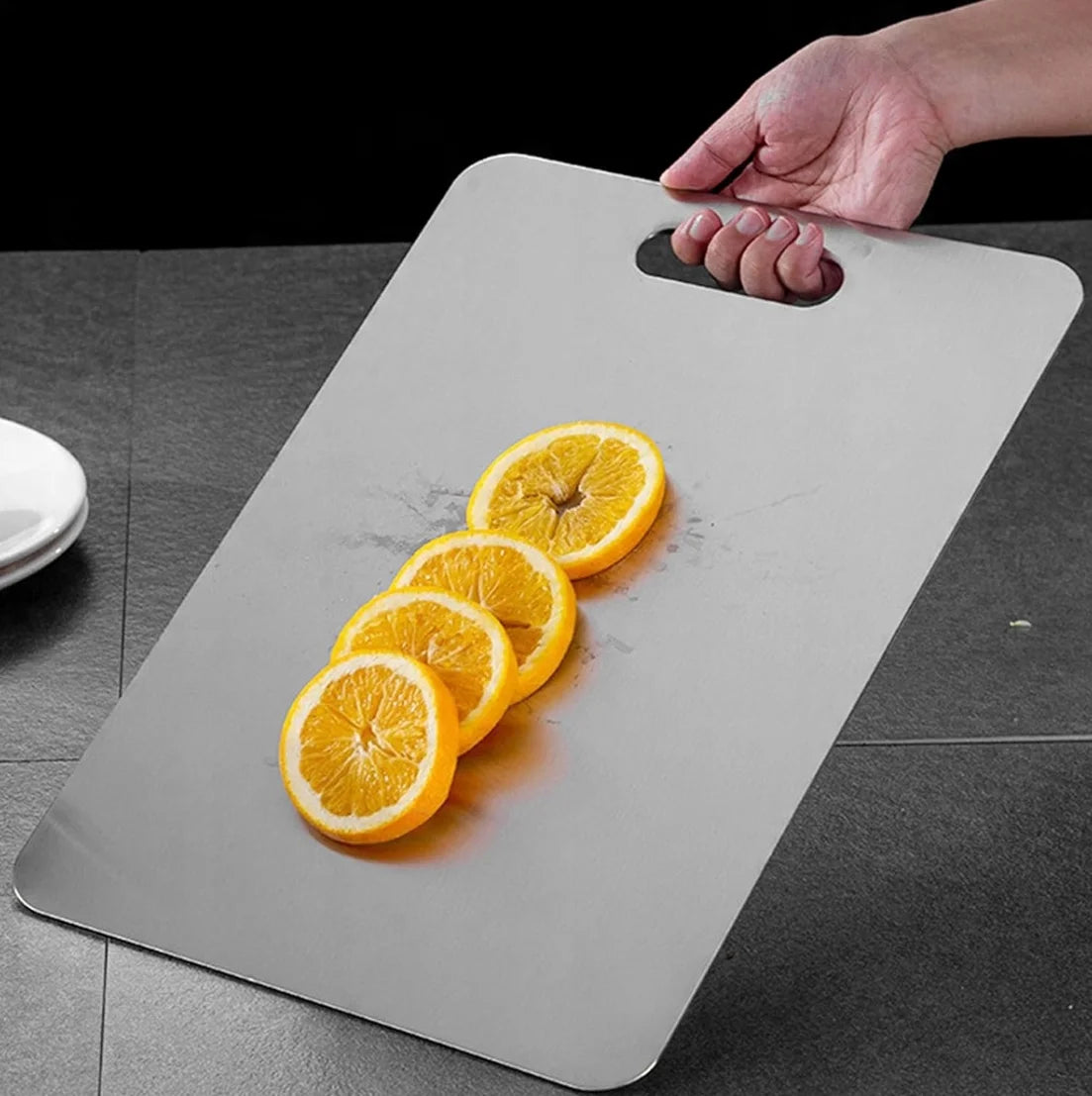 Edelstahl Schneidebrett Titan Optik – Beidseitiges Metall Schneidebrett fuer Fleisch & Gemuese