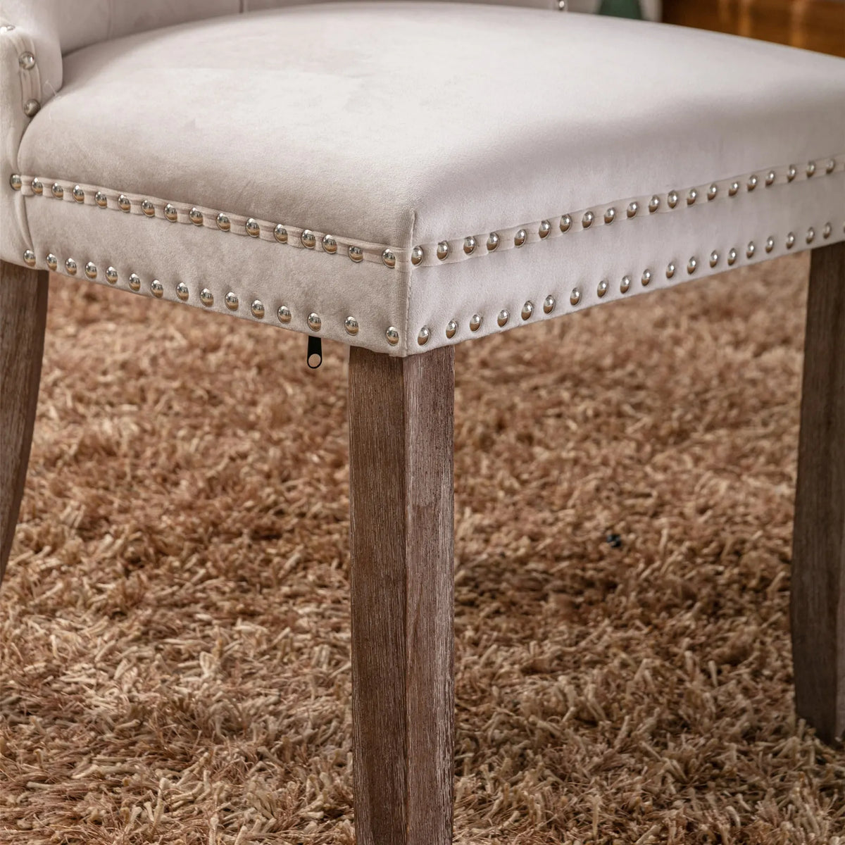 Esszimmerstuhl 2er Set Beige – Modernes Samt Polsterstuhl Set mit Nietenverzierung, Knopfung & Holzbeinen