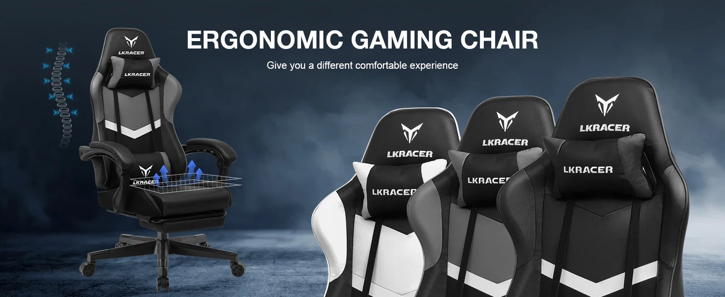 Gaming Stuhl Schwarz-Blau – Ergonomischer Gamer Stuhl mit Fussstütze, Lendenkissen & Metallgestell bis 150kg
