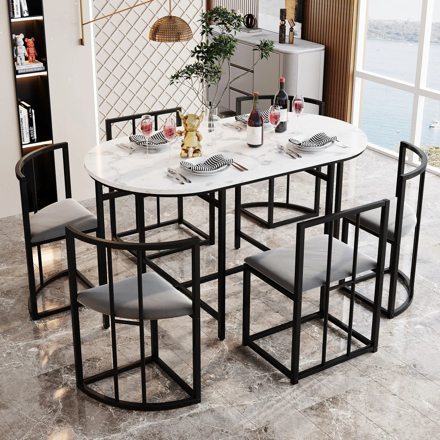 Esstisch Set Weiss 7-teilig – Moderner Esstisch aus MDF mit 6 Samt Stühlen Grau & Metallgestell