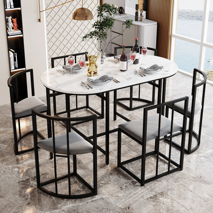 Esstisch Set Weiss 7-teilig – Moderner Esstisch aus MDF mit 6 Samt Stühlen Grau & Metallgestell