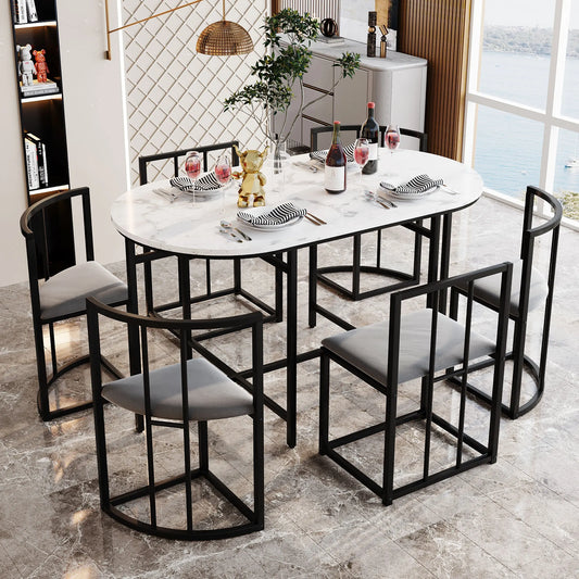 Esstisch Set Weiss 7-teilig – Moderner Esstisch aus MDF mit 6 Samt Stühlen Grau & Metallgestell
