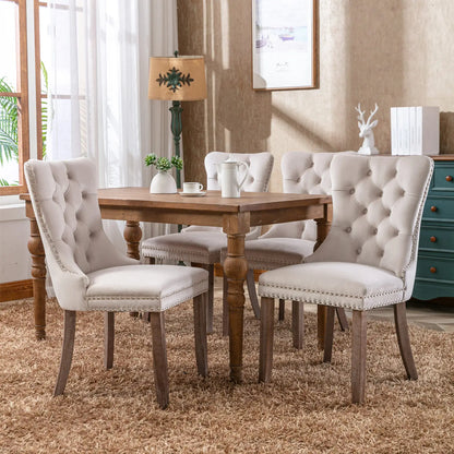 Esszimmerstuhl 2er Set Beige – Modernes Samt Polsterstuhl Set mit Nietenverzierung, Knopfung & Holzbeinen