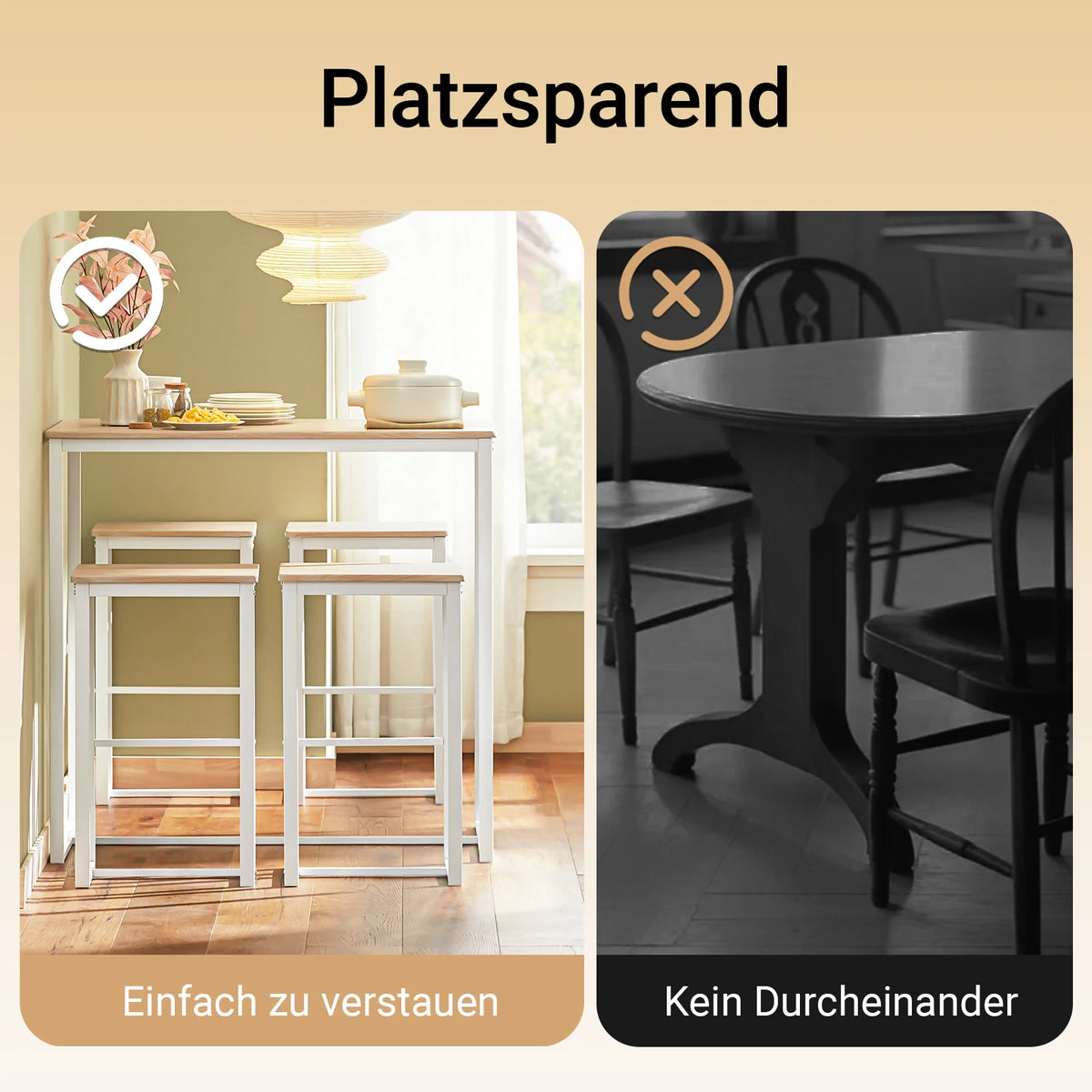 Bartisch Set 5-teilig mit 4 Hocker Weiß-Natur – Moderne Essgruppe für Küche & Balkon