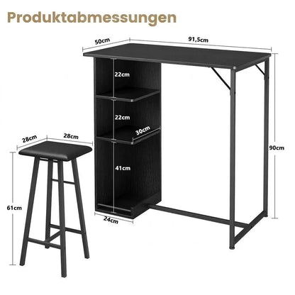 Bartisch Set 3-teilig mit Regal Vintage Braun – Kompakter Stehtisch mit 2 Barhockern