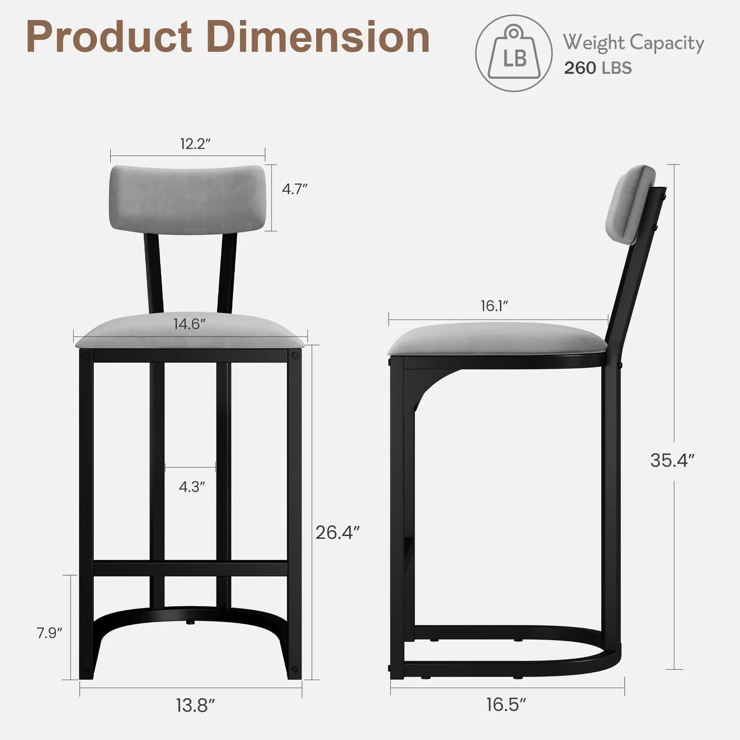 Barhocker 2er Set Stoffbezug mit Rückenlehne – Ergonomische Küchenstühle 67cm Sitzhöhe