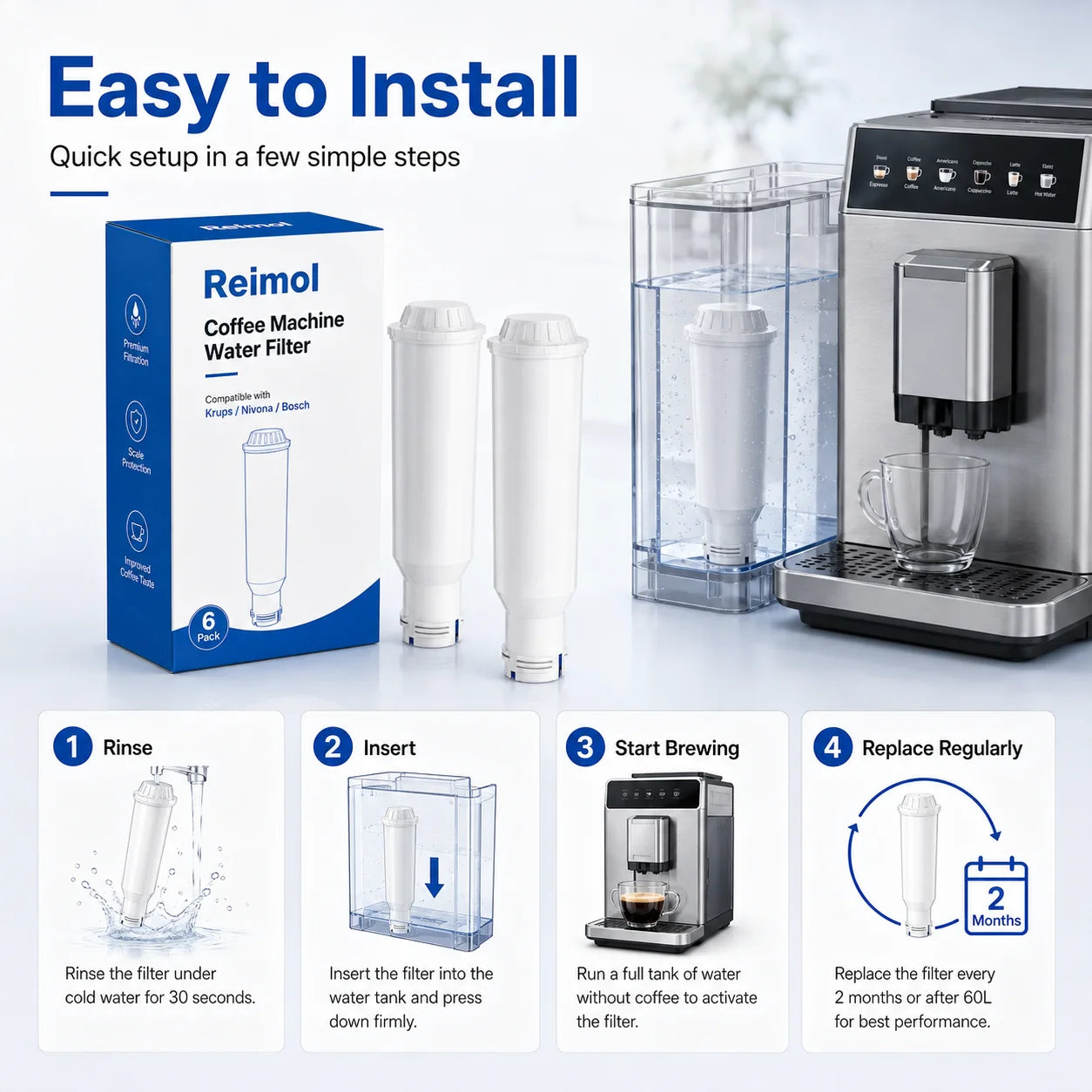 Wasserfilter Kartuschen 6er Pack – Ersatzfilter Passend für Krups Bosch Nivona Kaffeemaschinen