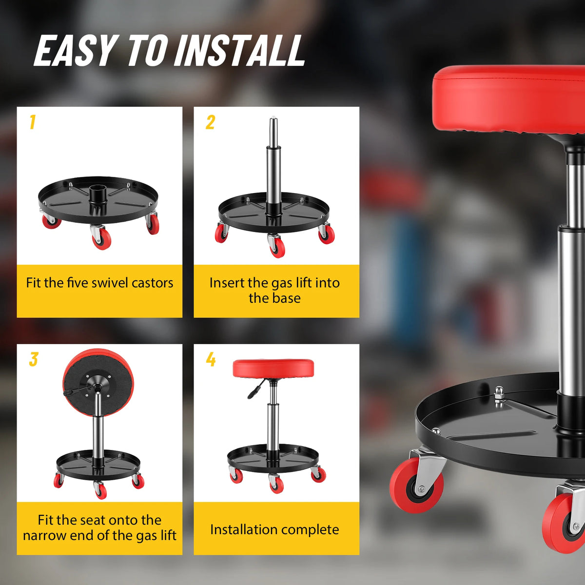 Rollbarer Werkstatthocker höhenverstellbar – Ergonomischer Werkstattstuhl mit Werkzeugablage
