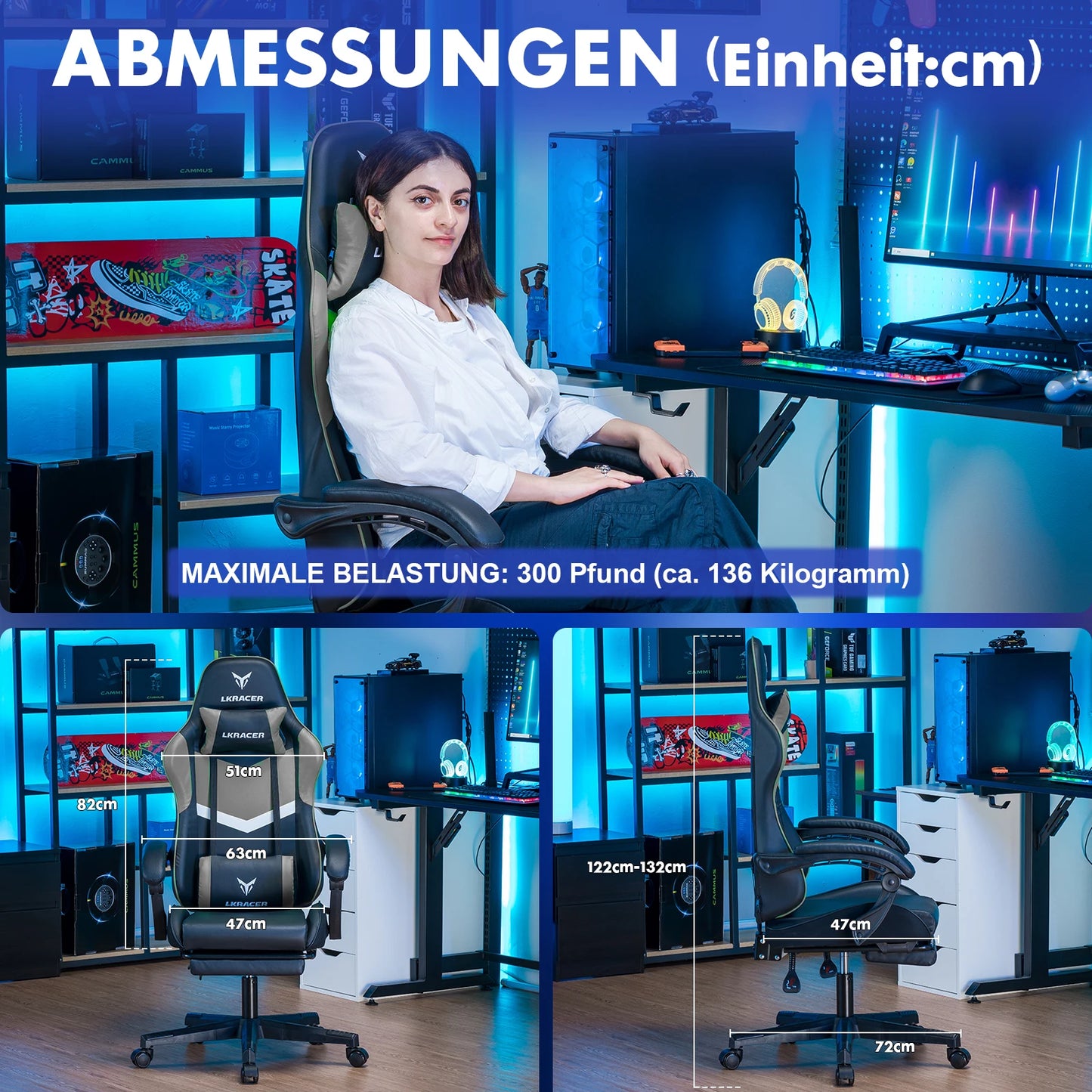 Gaming Stuhl Schwarz-Blau – Ergonomischer Gamer Stuhl mit Fussstütze, Lendenkissen & Metallgestell bis 150kg