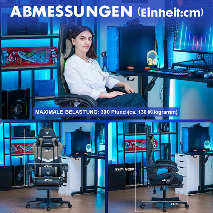 Gaming Stuhl Schwarz-Blau – Ergonomischer Gamer Stuhl mit Fussstütze, Lendenkissen & Metallgestell bis 150kg