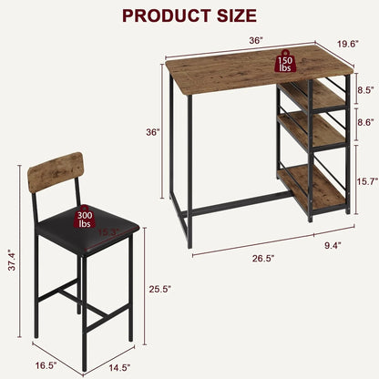 Bartisch Set 3-teilig mit 2 Stühlen & Regalfächern – Industrieller Stehtisch aus Metall & MDF