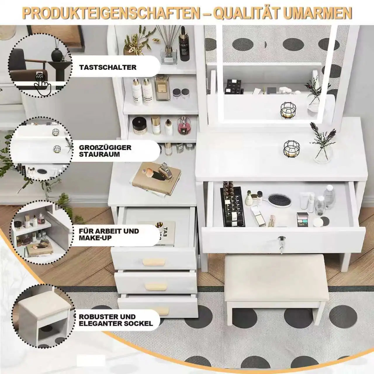 Schminktisch mit Spiegel und Hocker – Moderner Frisiertisch aus Holz mit Stauraum für das Schlafzimmer