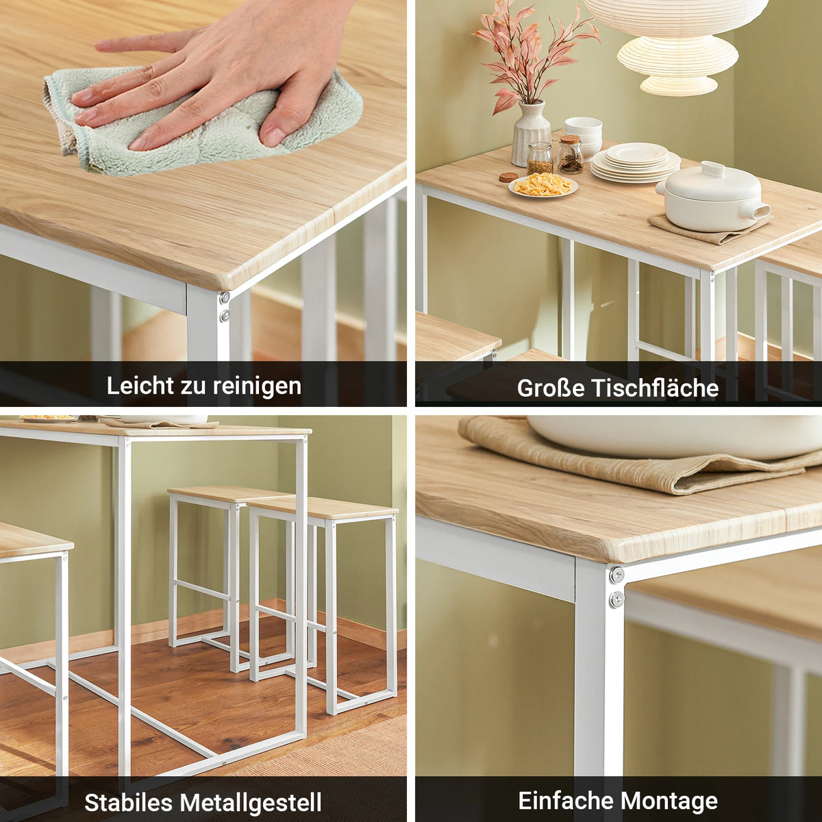 Bartisch Set 5-teilig mit 4 Hocker Weiß-Natur – Moderne Essgruppe für Küche & Balkon