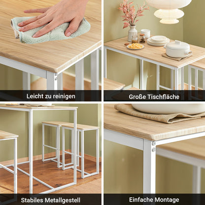 Bartisch Set 5-teilig mit 4 Hocker Weiß-Natur – Moderne Essgruppe für Küche & Balkon