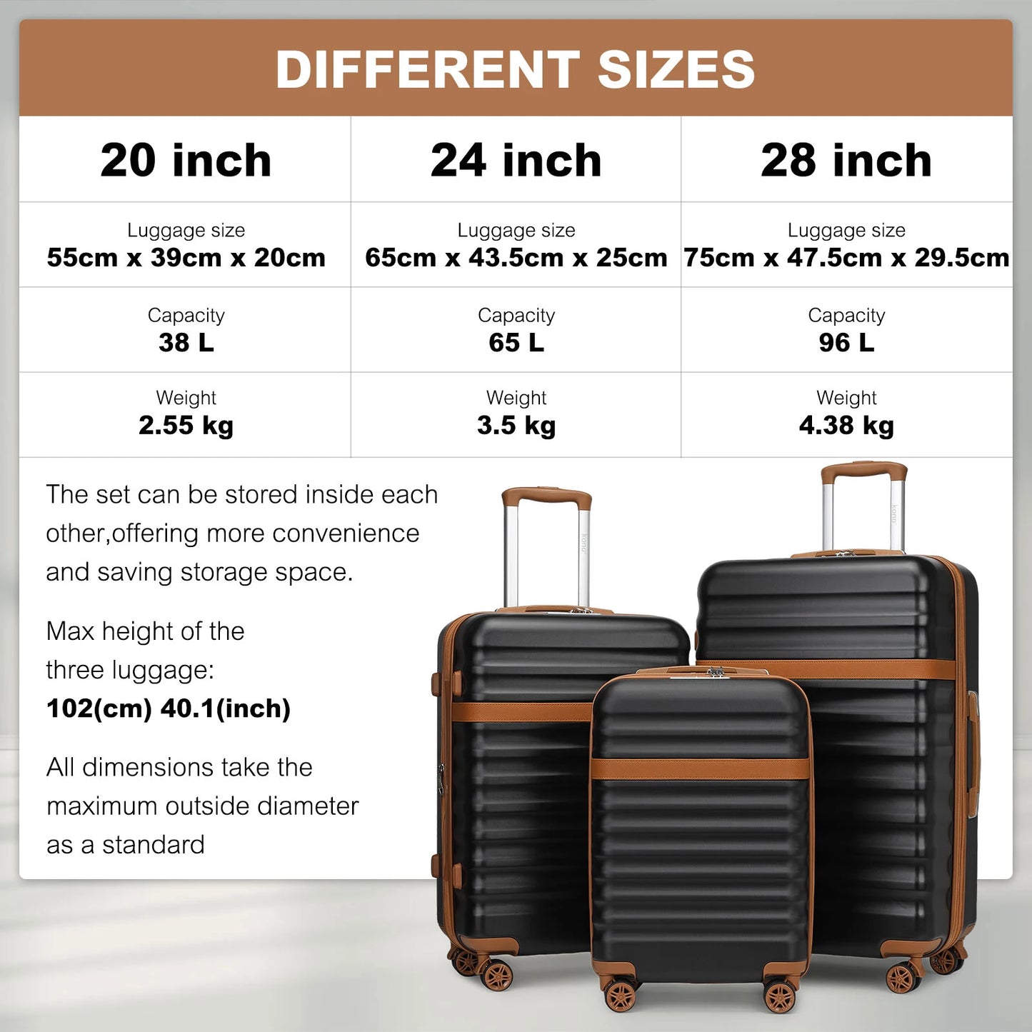 Kofferset 3-teilig Hartschale ABS PC – Dehnbarer Reisekoffer Set mit TSA Schloss & 360 Rollen