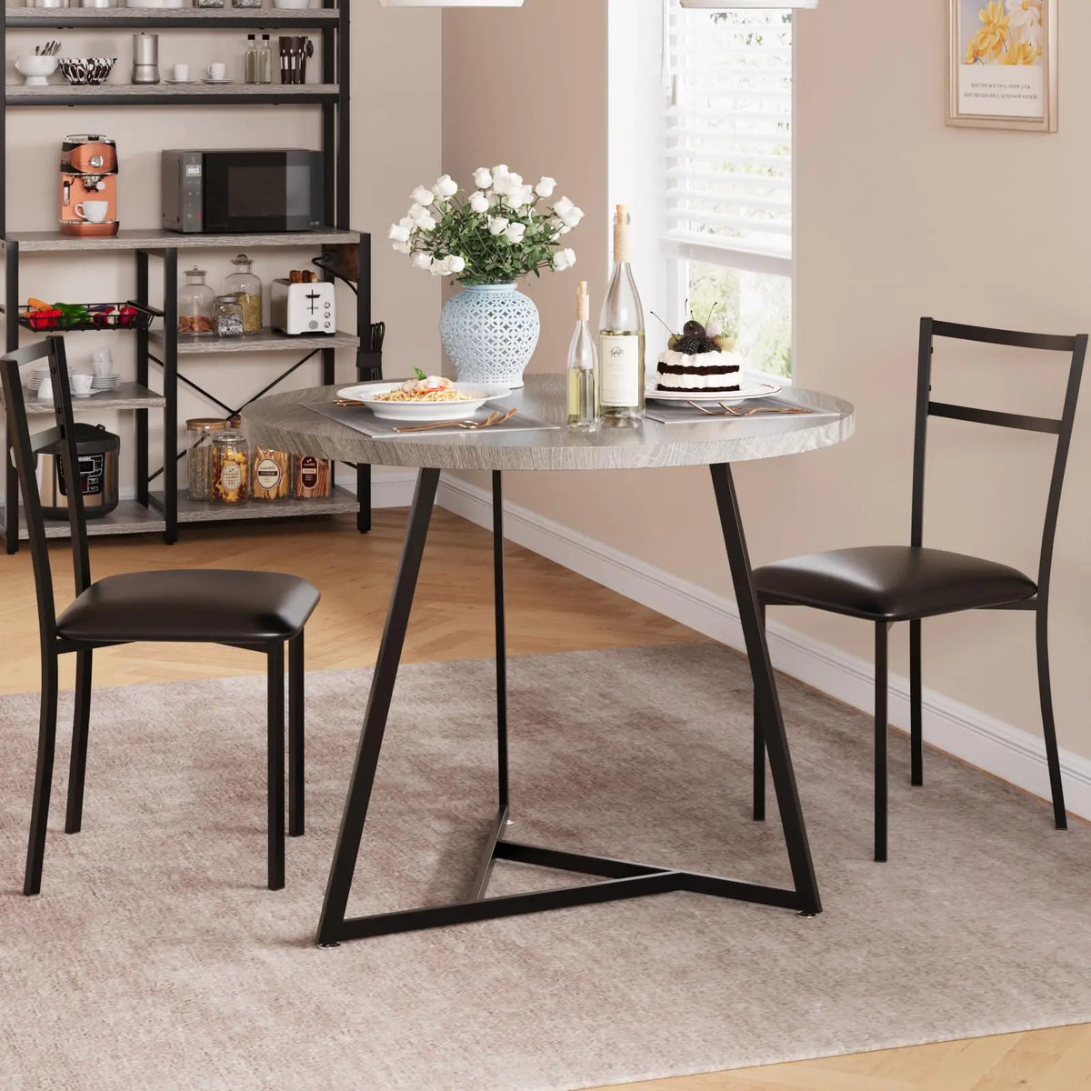 Essgruppe 3-teilig mit Rundem Tisch & 2 Stuehlen – Kompakte Esszimmer Sitzgruppe aus Metall & MDF