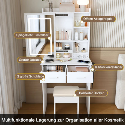 Schminktisch mit Beleuchtung & Hocker – Moderner Frisiertisch mit LED-Spiegel, Steckdosen & 2 Schubladen